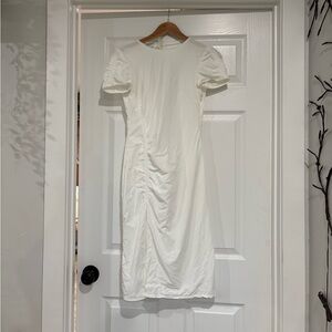 Anna October White Ruched Puff-Sleeve Midi Dress